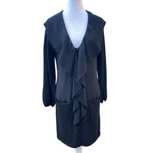 Anne Fontaine Size 40 Black Wool Ruffle Long Cardigan Coati Dress